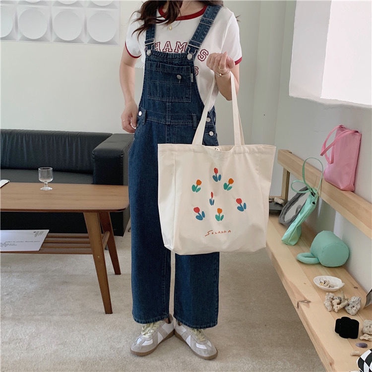 Túi Vải Canvas Thêu Hình Hoa Tulip Phong Cách Nhật Bản Mới