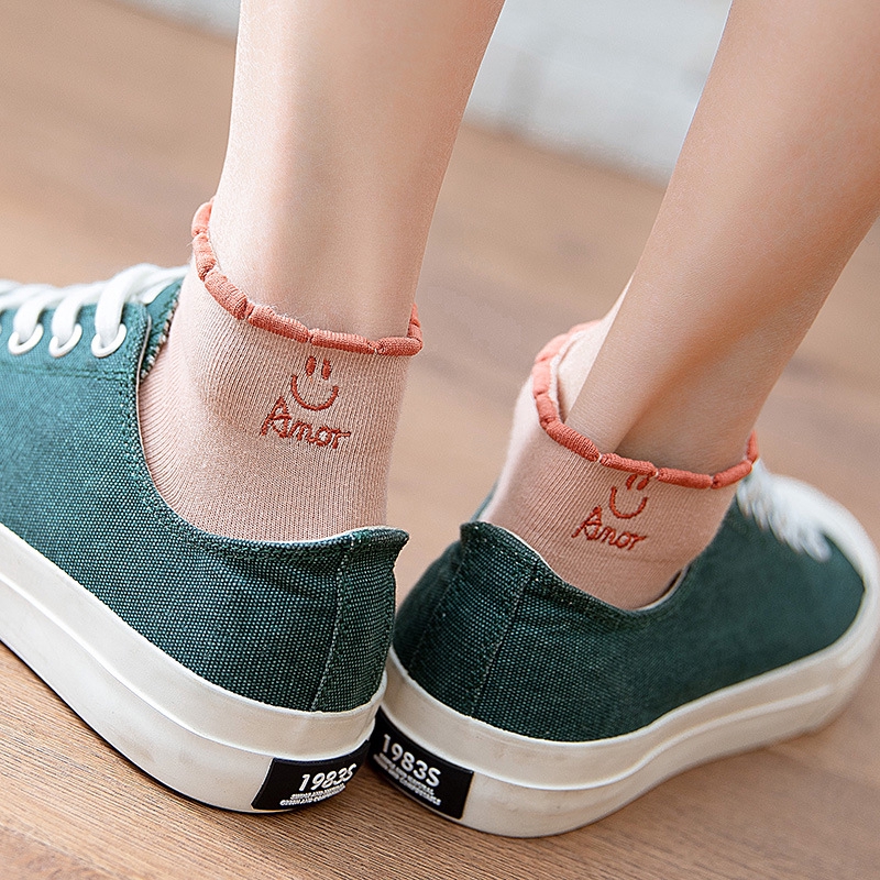 Cute Alphabet Smile Ankle Socks Women Spring Harajuku Embroidery Sweet Cotton Solid Novelty Female Low Top Socks Black Girls Socks
