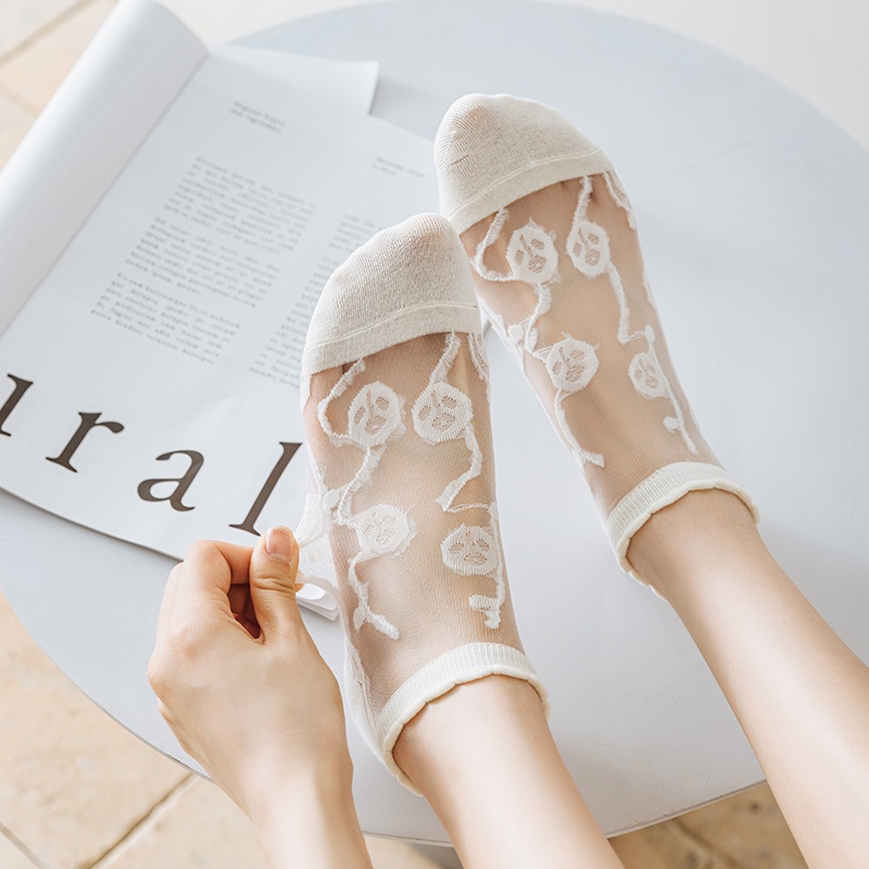 Tất ren lụa pha lê cotton tới mắt cá chân phong cách Nhật Bản Lolita trắng ngọt ngào dễ thương cho nữ
