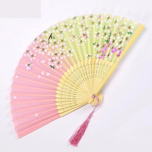 Quạt cổ trang dây tuyến hồng phấn xanh lá quạt xếp cầm tay múa phong cách Trung Quốc