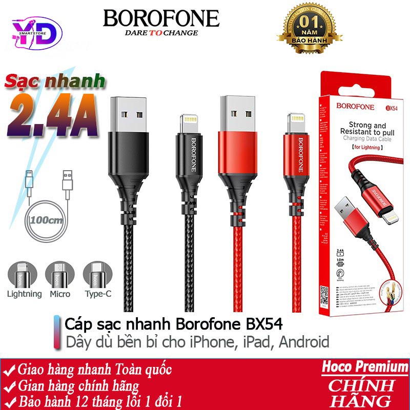Cáp sạc nhanh BX54 dây dù 2.4A cho iPhone, Android, iPad, dây sạc nhanh dài 1m - hàng zin bảo hành 12 tháng