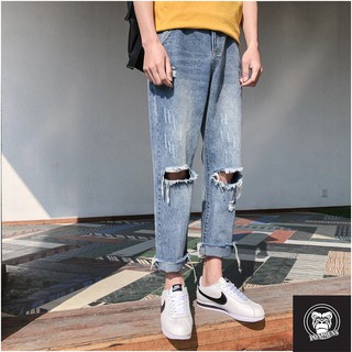 Quần jean nam nữ dáng baggy ống rộng rách gối rách gấu 2020