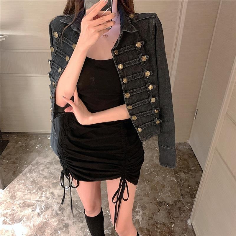 Áo khoác denim tay dài cổ đứng dáng ôm thời trang mùa thu 2020 cho nữ