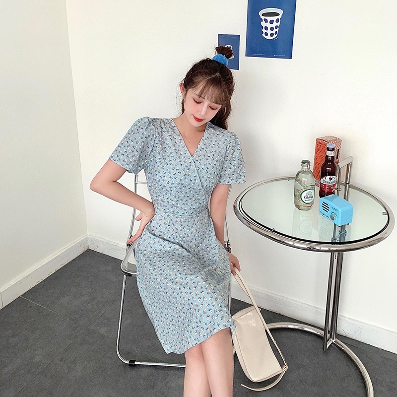 IELGY  Đầm Hoa Chuông Nhỏ Cổ Chữ V Siêu Mỏng Mùa Hè Kiểu Pháp