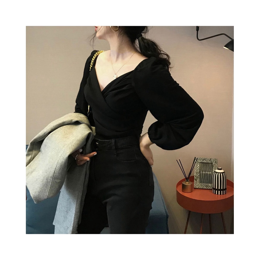 SUXI Áo sơ mi nữ cổ V tay phồng phong cách Hàn Quốc thời trang