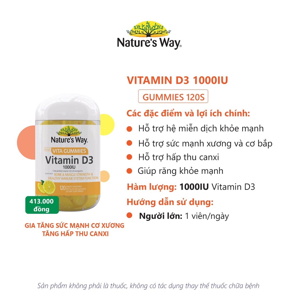 Kẹo dẻo Nature's Way Vita Gummies Vitamin D3 1000IU hỗ trợ xương khớp