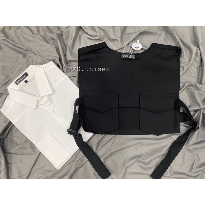 Set đầm sơmi phối ghile 2 nắp túi