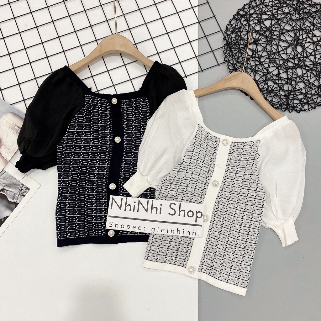 Áo len tay pha cổ vuông chất đẹp, Áo kiểu cổ vuông vai bồng AL7524 - NhiNhiShop