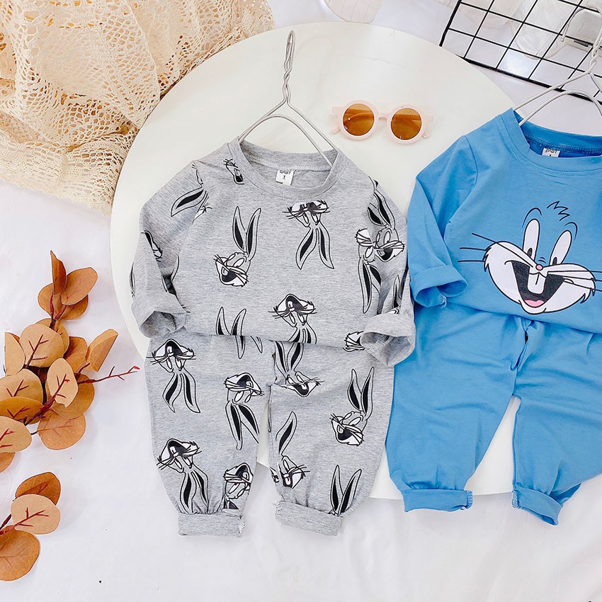 Bộ Quần Áo Dài Tay Thu Đông In Hình THỎ GHI Cho Bé Từ 6-18kg Mã DT33