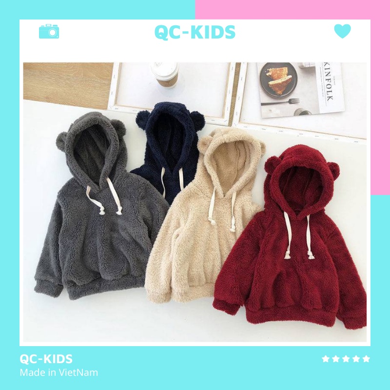 Áo thu đông cho bé trai, bé gái 8 đến 18 kg, Áo nỉ hoodie lông tai Gấu cho bé QC-KIDS