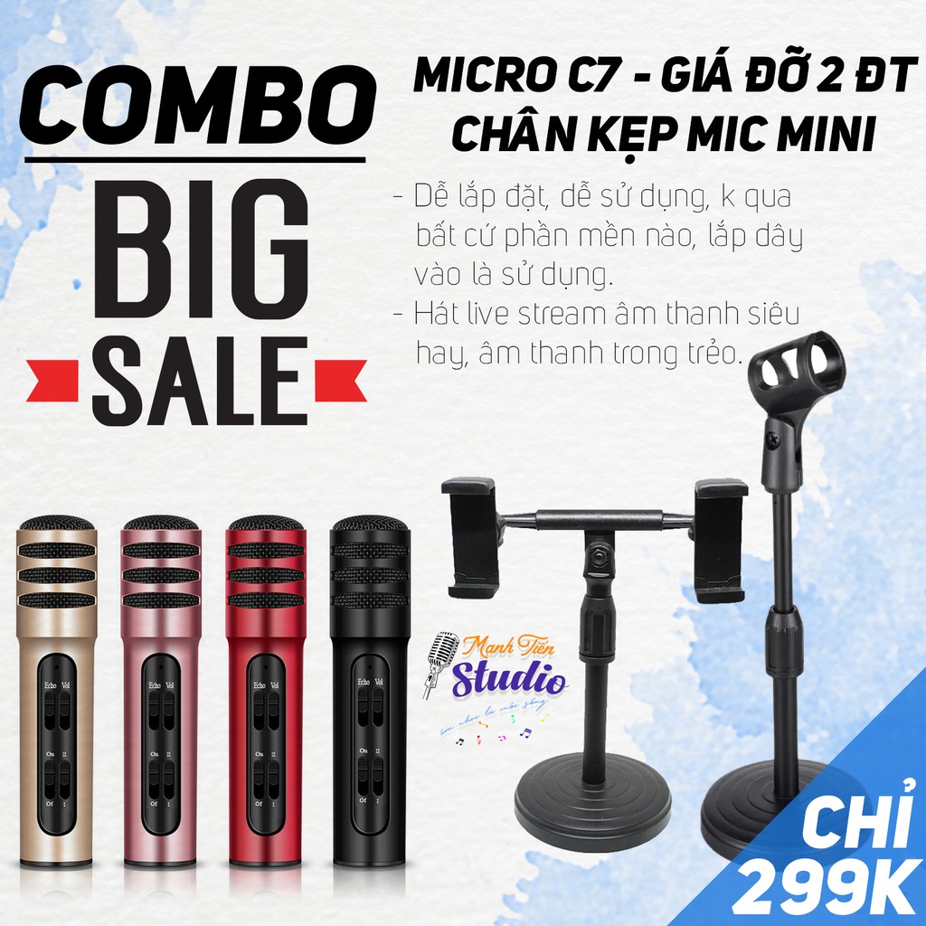 [COMBO GIÁ RẺ] Micro live stream C7, chân kẹp micro mini, giá kẹp 2 điện thoại cực tiện lợi dễ sử dụng cho live stream