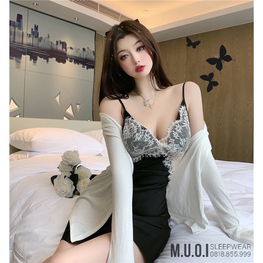 [FREESHIP] Váy ngủ sexy QCCC-Sx 88 Váy ngủ  lụa satin phối ren cách điệu QCCC Muối Sleepwear-sẵn