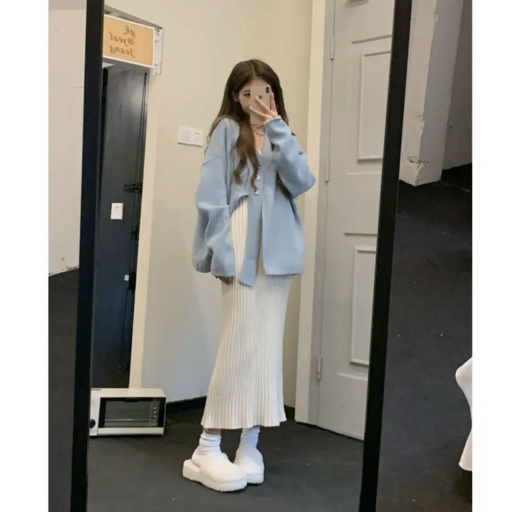 Áo Khoác Sweater Dệt Kim Dáng Rộng Màu Xanh Dương Thời Trang Thu Đông