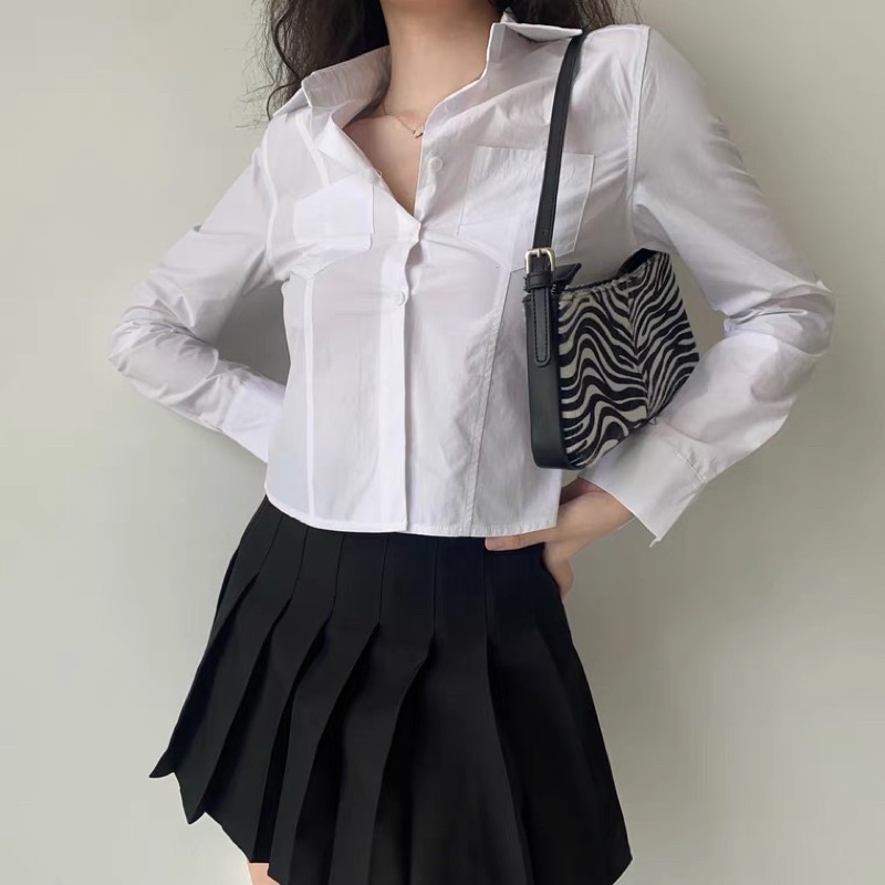 Áo sơ mi trắng dài tay croptop, áo sơ mi trắng dáng ngắn