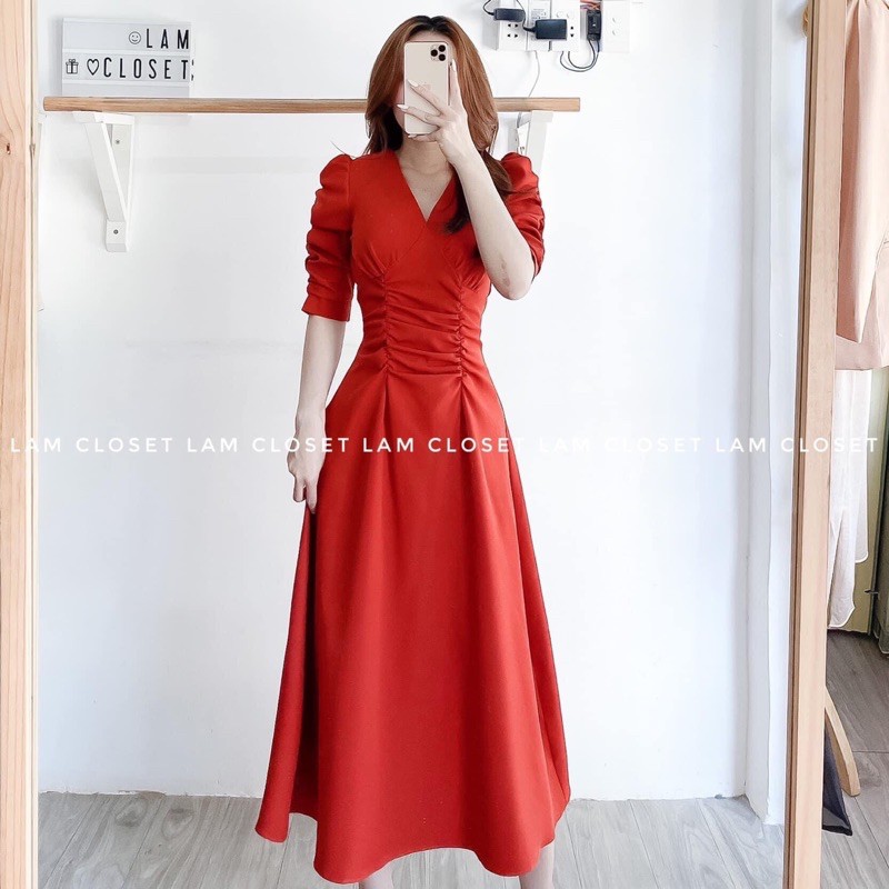 Đầm suông❤️Hình thật 100%❤️Đầm suông cổ V nhún 2 đường