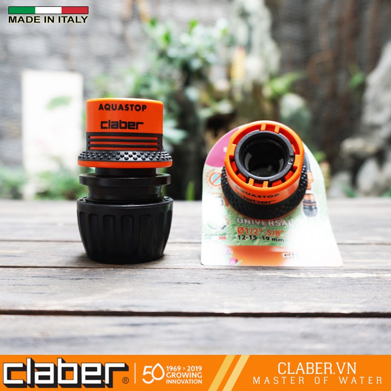 Khớp nối nhanh đa năng  Aquastop Claber 8548 kết nối 3 cỡ ống 12-14-19mm tự ngắt nước khi tháo vòi