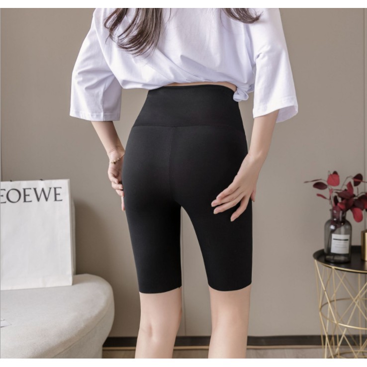 Quần legging lửng nữ nâng mông cạp cao dài đến đùi dáng ngố tập thể thao màu đen cao cấp M03
