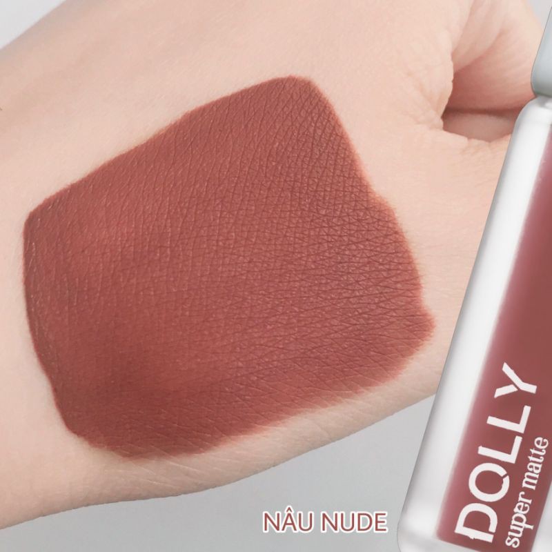 Son kem lì màu nâu nude Dolly super matte, son kem lì không chì bền màu lâu trôi, mua 2 cây tặng 1 hộp đựng cao cấp