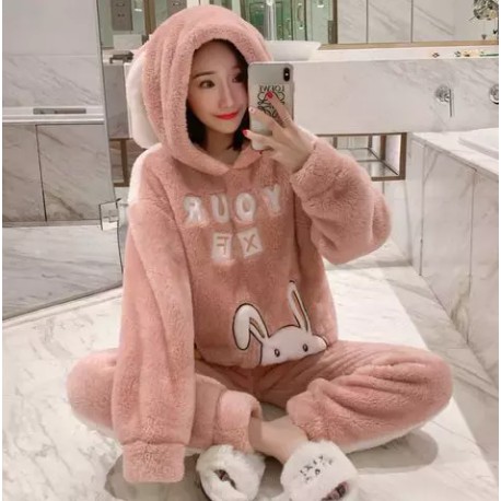 Bộ đồ lông thỏ, Bộ đồ nỉ lông siêu đẹp, ấm, màu hồng | BigBuy360 - bigbuy360.vn