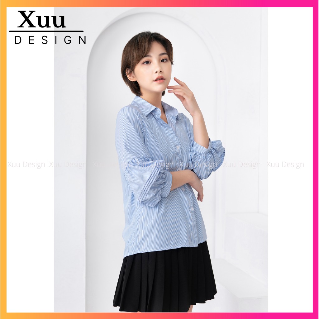 Áo sơ mi nữ tay bồng Xuu Design Áo nữ kẻ tay lỡ chất vải mềm mát SP22 kẻ xanh