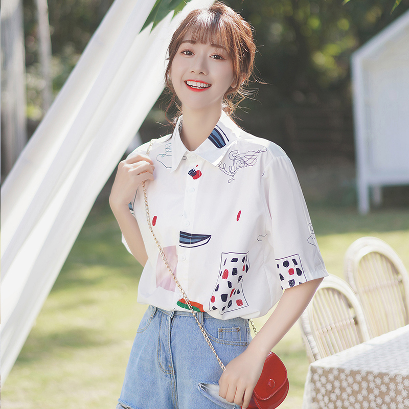 Women's White Polo Collar Printed Chiffon Blouse Loose Korean Fashion Summer Short Sleeve Shirt Tops | BigBuy360 - bigbuy360.vn