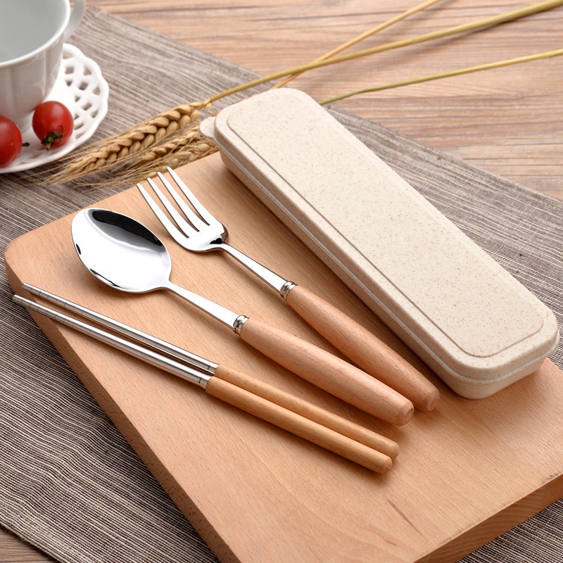 Bộ 3 Món Thìa, Đũa, Dĩa Lúa Mạch Chất Liệu Inox 304 Không Rỉ Kèm Hộp, Bộ Muỗng,Thìa, Nĩa Dùng Cá Nhân