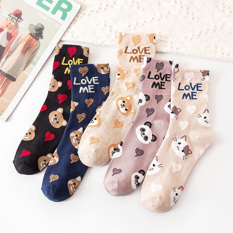 Cute Cartoon Bear Print Girls Socks New Fashion Kawaii Animal Colorful Mid-calf Length Women Socks Cotton Alphabet Love Soxes
