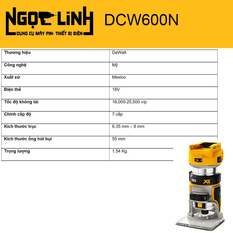 Máy phay dùng pin 20V DeWalt DCW600N-KR