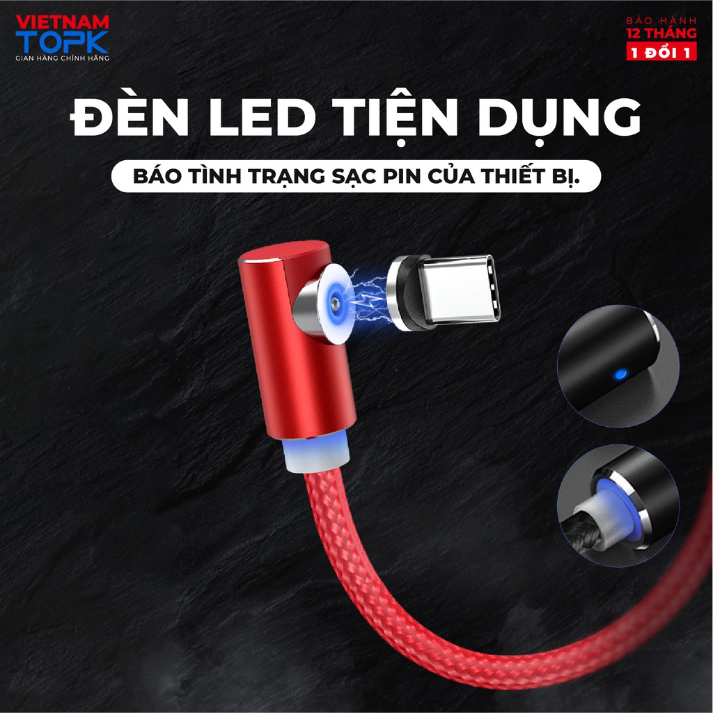 Dây sạc nam châm TOPK AM51 - Đầu vuông góc có đèn LED Hàng Bảo hành 12 tháng