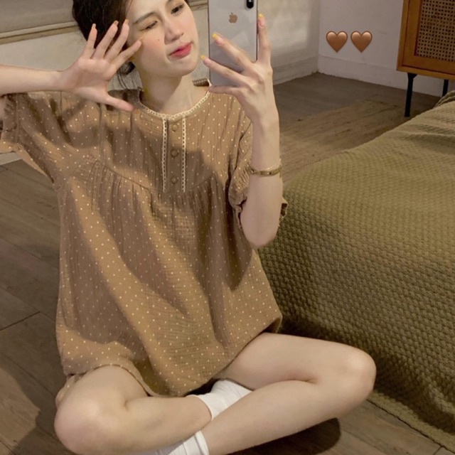 BN29_ Bộ ngủ pijama dáng babydoll ngắn tay họa tiết chấm bi dễ thương Hàn Quốc