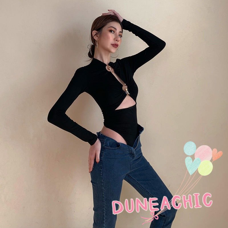 DUNEA Áo liền quần dài tay eo cao phối nút kim loại dành cho nữ