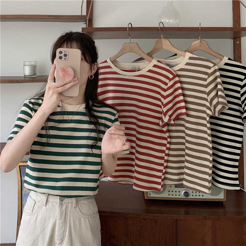 Áo thun XIAOZHAINV ngắn tay cổ tròn kẻ sọc 4 màu lựa chọn phong cách Hàn Quốc retro cho nữ