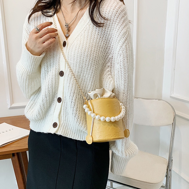 Túi đeo vai IELGY hình trụ đính ngọc trai hợp thời trang sang trọng cho nữ