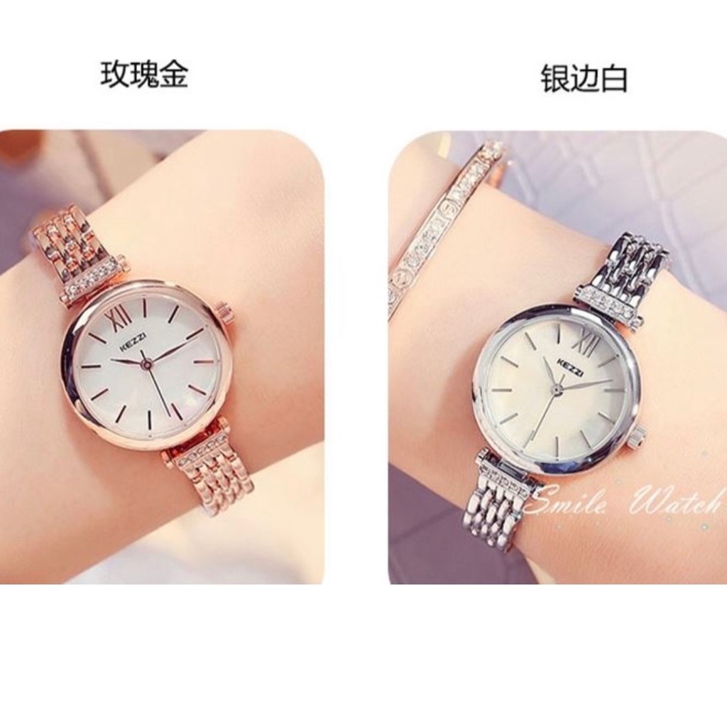 Đồng hồ nữ Kezzi Chính Hãng mặt tròn đính đá nhân tạo dây xích kim loại thời trang Hàn Quốc K1531
