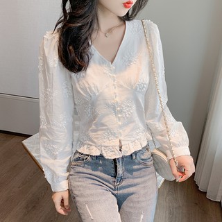 Áo Sơ Mi Trắng Cổ V Dài Tay Đính Ngọc Trai Thanh Lịch Cho Nữ