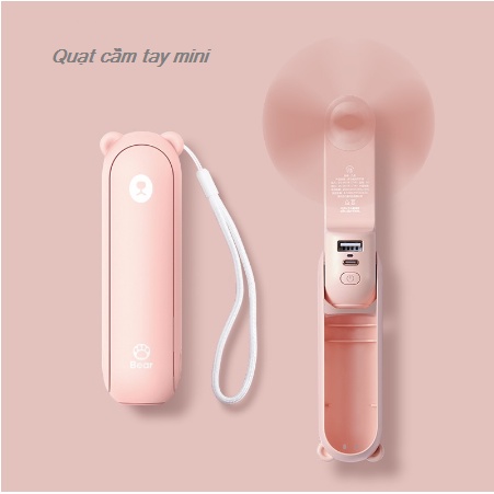 Quạt mini cầm tay đa năng hình gấu Bear kiêm đèn pin - sạc dự phòng tiện, Quạt tích điện mini tiện lợi