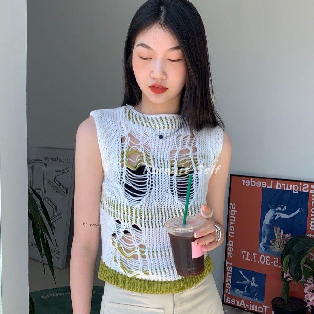 Áo Len Không Tay Thiết Kế Khoét Lỗ Phong Cách Mới Cho Nữ