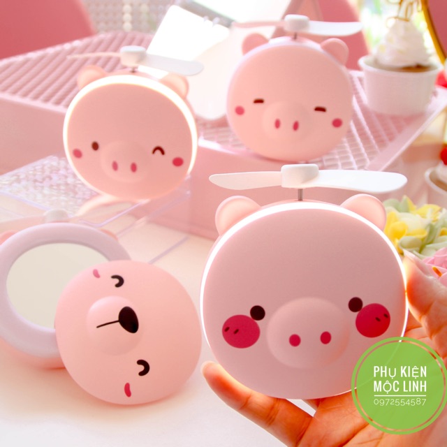 ✨3 Trong 1✨ QUẠT HÌNH HEO TÍCH ĐIỆN mini kèm gương và đèn led siêu dễ thương