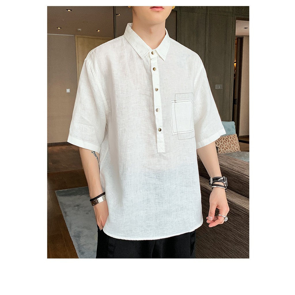 Áo đũi nam cổ đức chui đầu 5 khuy form rộng tay lỡ, chất đũi mềm mại, thiết kế túi ngực giả phong cách lịch lãm | BigBuy360 - bigbuy360.vn