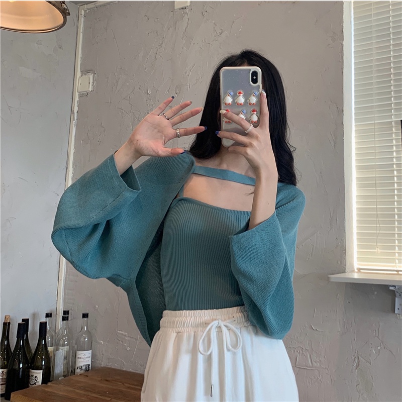 Set Áo Khoác Cardigan Dài Tay Form Rộng Và Áo Hai Dây Thiết Kế Mới Thời Trang Mùa Thu Dành Cho Nữ