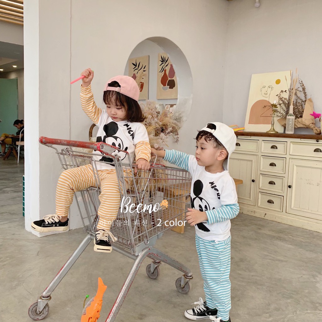 Bộ thu đông thun kẻ in mickey BEEMO TBKS117 siêu đẹp cho bé trai, bé gái 1-6 tuổi