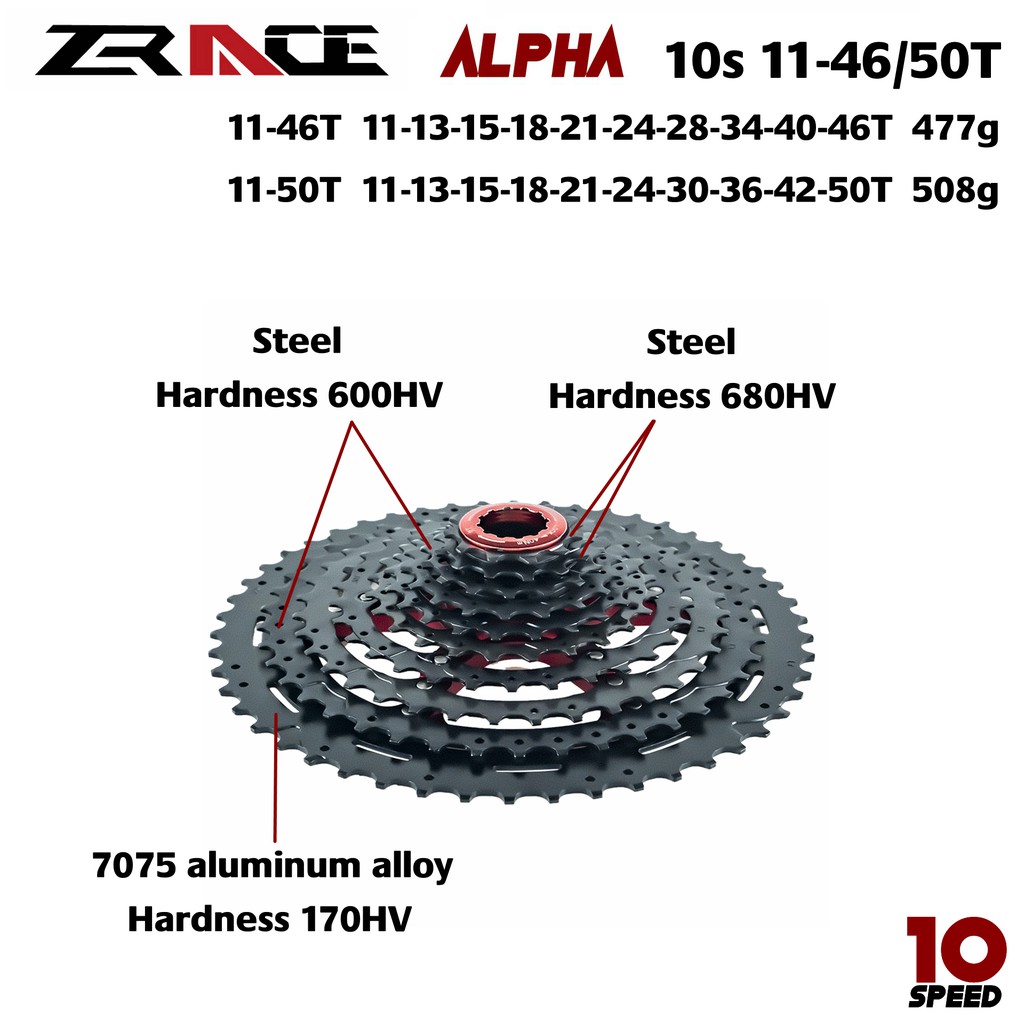 Líp Xe Đạp 10 Tốc Độ 11-46T/50T - Màu Đen Siêu Nhẹ Zrace Alpha 10s