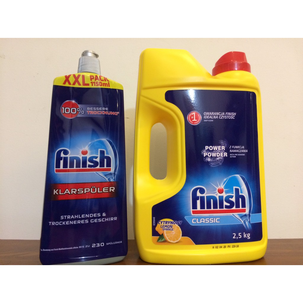 Combo Bột rửa chén bát Finish 2,5kg + Nước làm bóng Finish 750ml + Tặng viên Finish