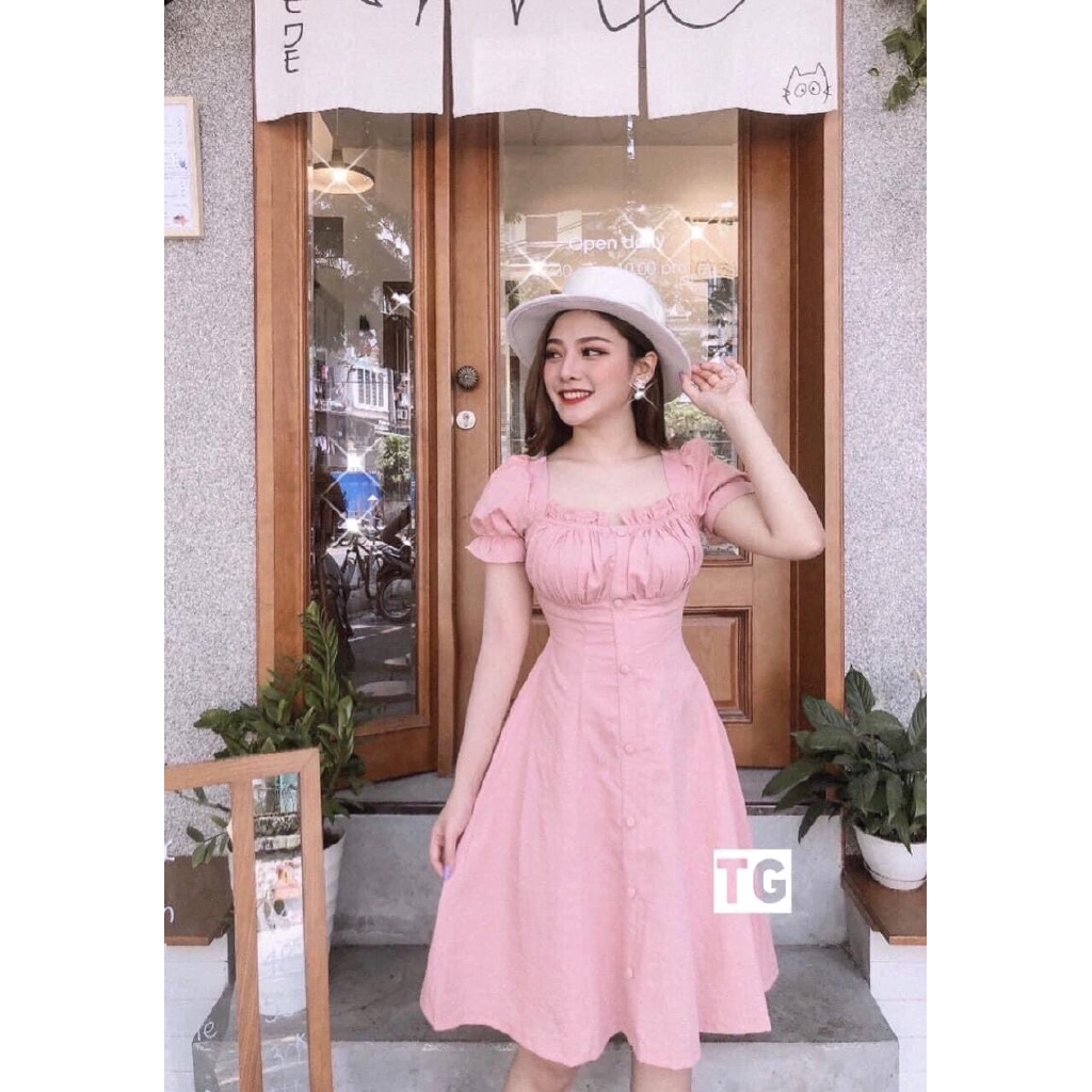 Váy đũi dáng xòe khuy bọc nhiều màu