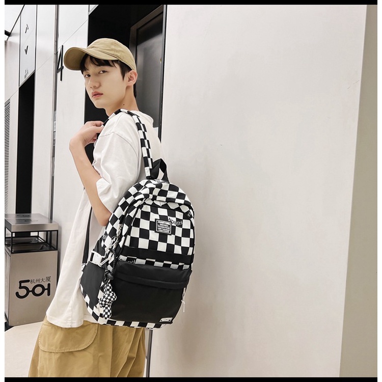 Balo nam nữ kẻ sọc caro unisex vải chống thấm nước độ bền cao thời trang đi học 3511