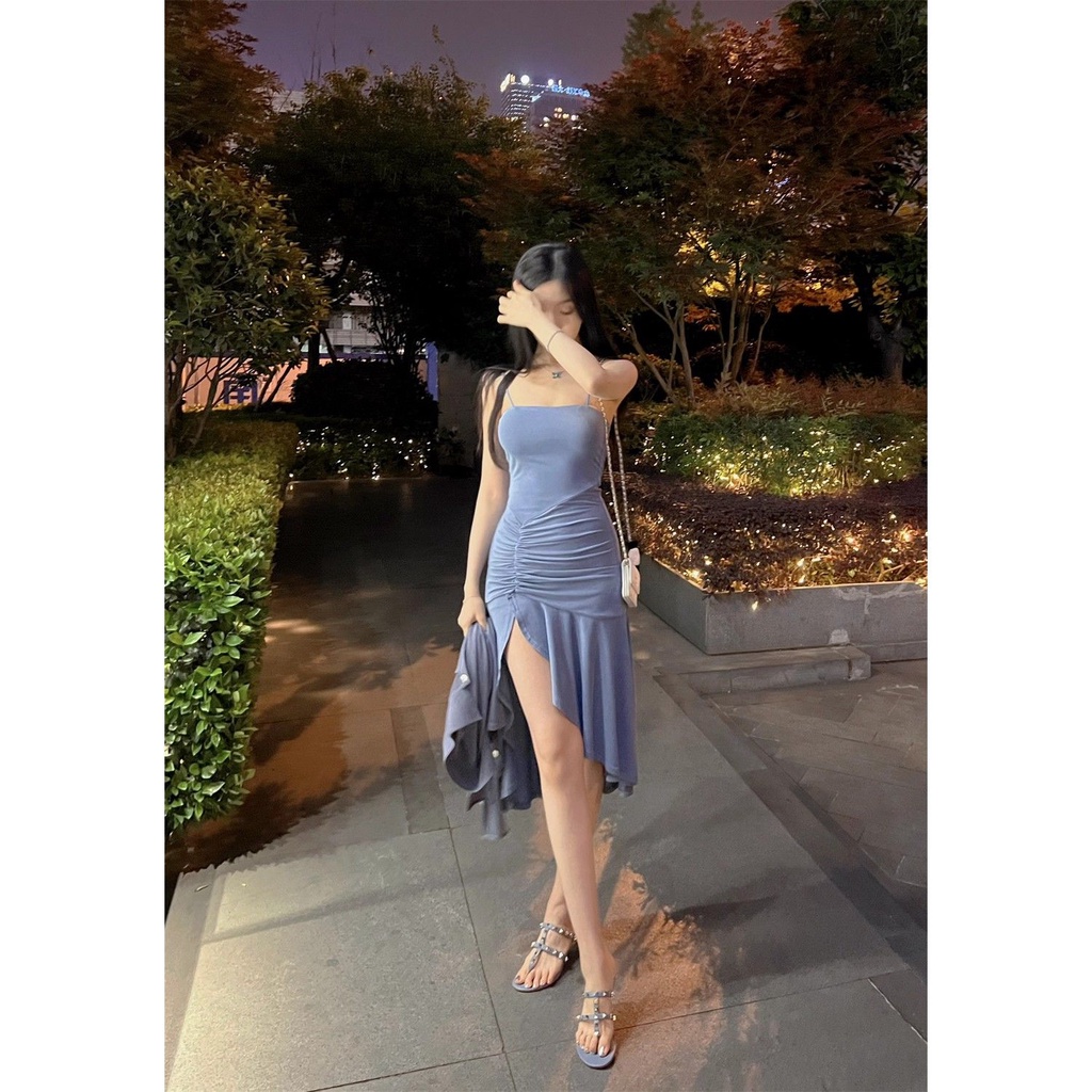 Đầm Hai Dây Co Giãn Màu Xanh Dương Mùa Hè Phong Cách Mới 2022