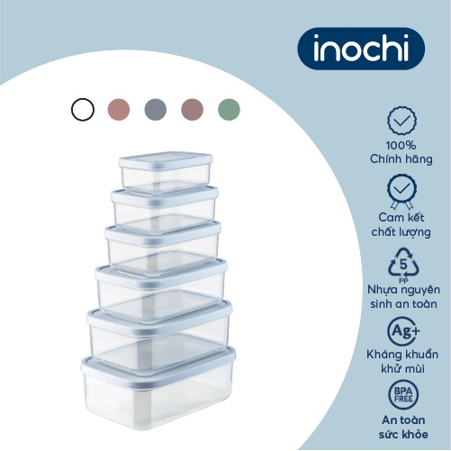 Bộ 6 hộp thực phẩm chữ nhật Inochi-Hokkaido 500ml-750ml-1000ml-1500ml-2000ml-2500ml màu Xanh/Hồng/Cam