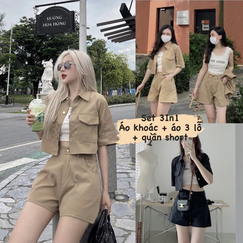 Set 3 chi tiết áo thun ba lỗ croptop kèm áo khoác thô tay lỡ và quần short trơn