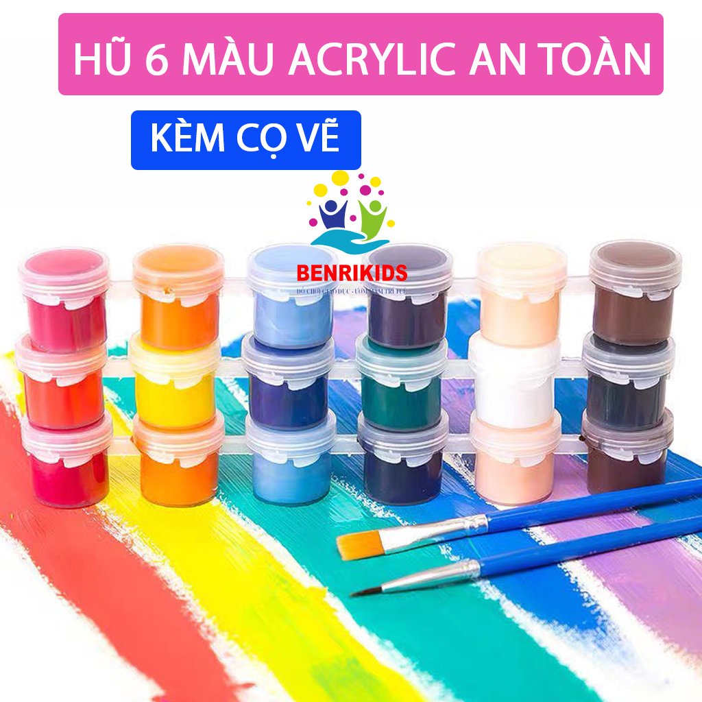 Bộ 6 Màu Acrylic 3D Kèm Cọ Vẽ, Màu Nước Vẽ Giầy,Tranh Tường CHo Bé Benrikids