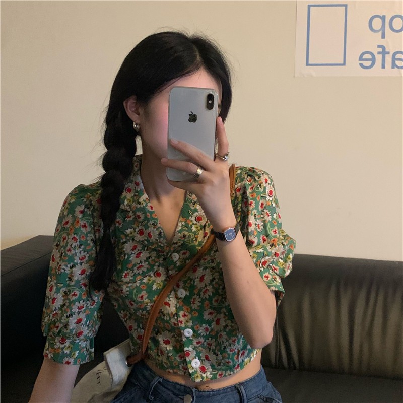 [CÓ SẴN] Áo hoa tiểu thư Hong Kong Style mùa hè croptop tay phồng cổ điển Retro Vintange sang chảnh đài các thời thượn